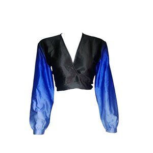 Asos Design Studio Top Womens Size US 4 Blue Black Long Sleeve Crop Wrap Tie